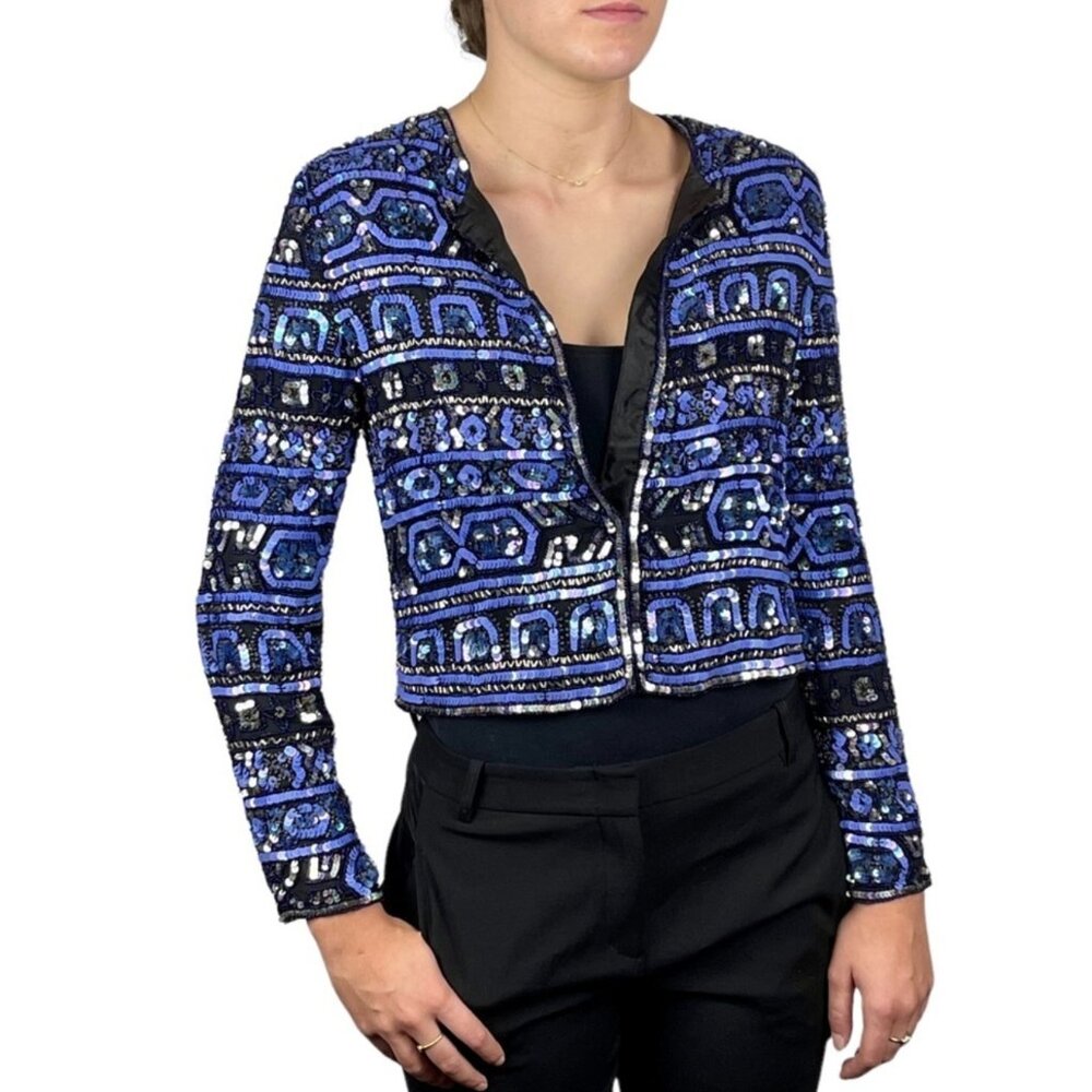 Vintage Adrianna Papell silk Heavily Beaded Sequin Jacket Blue Hook Front Sz 2P